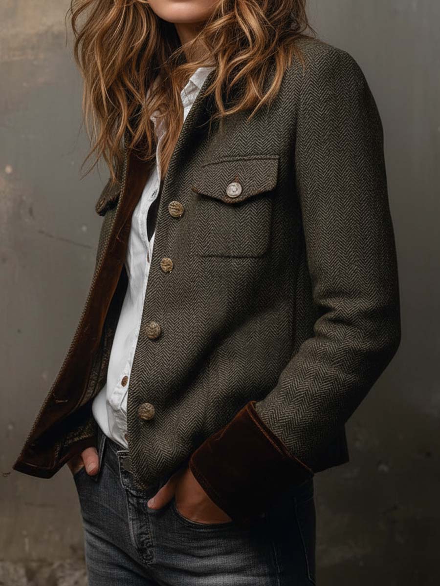 Vintage Fischgrät | Damen Blazer mit Kontrastbesatz