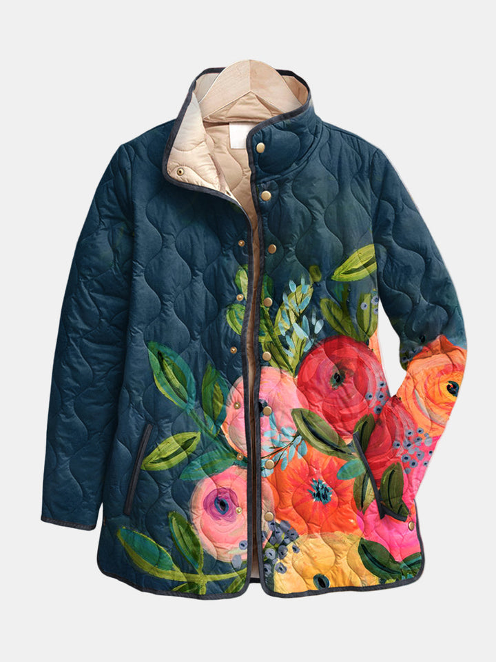 Monika | Dunkelblaue Steppjacke mit Blumenakzent