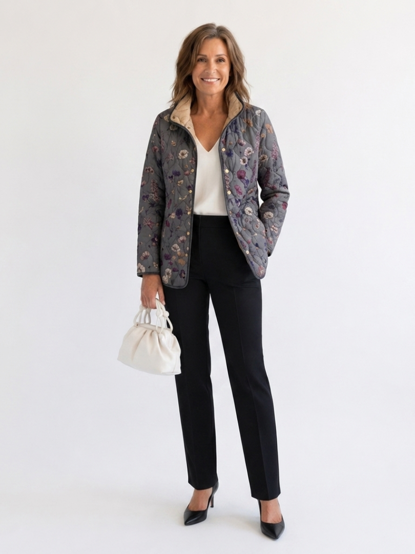 Gisela | Steppjacke in Anthrazit mit Blumen