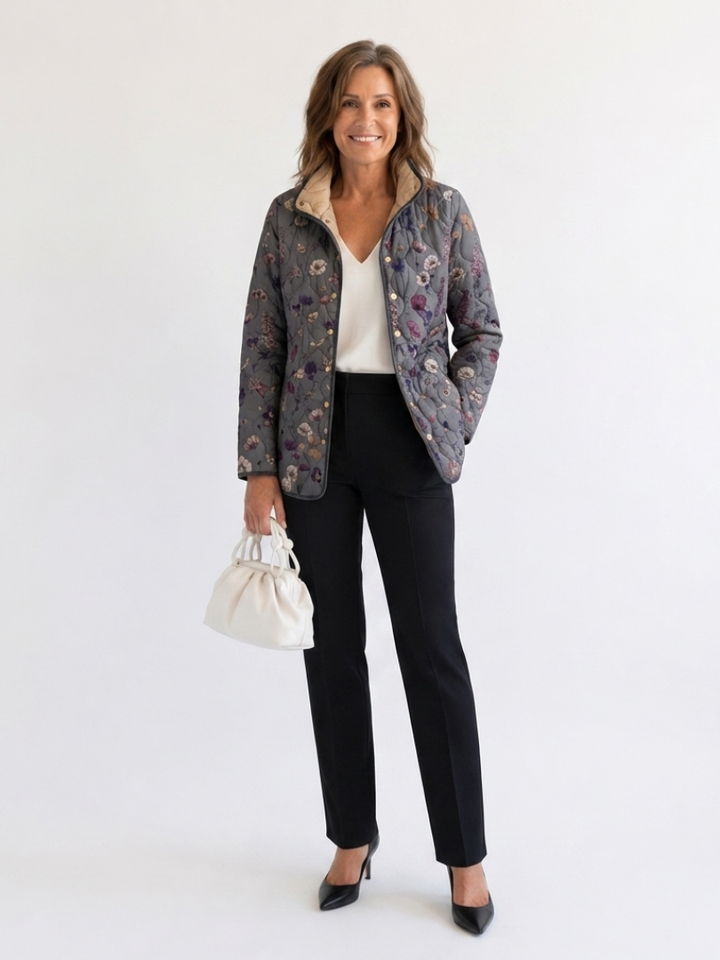 Gisela | Steppjacke in Anthrazit mit Blumen