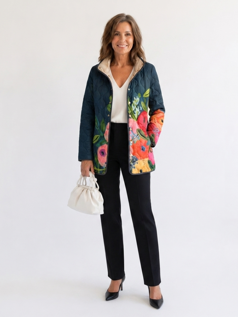 Monika | Dunkelblaue Steppjacke mit Blumenakzent