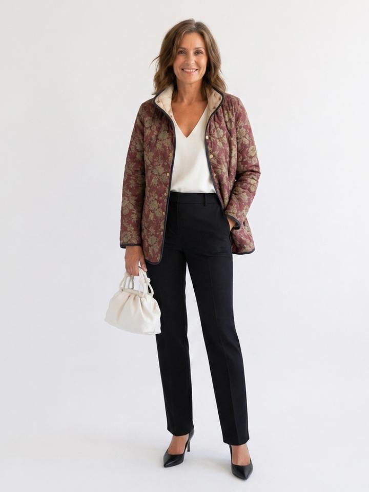 Jutta | Steppjacke in Braun mit Blumen