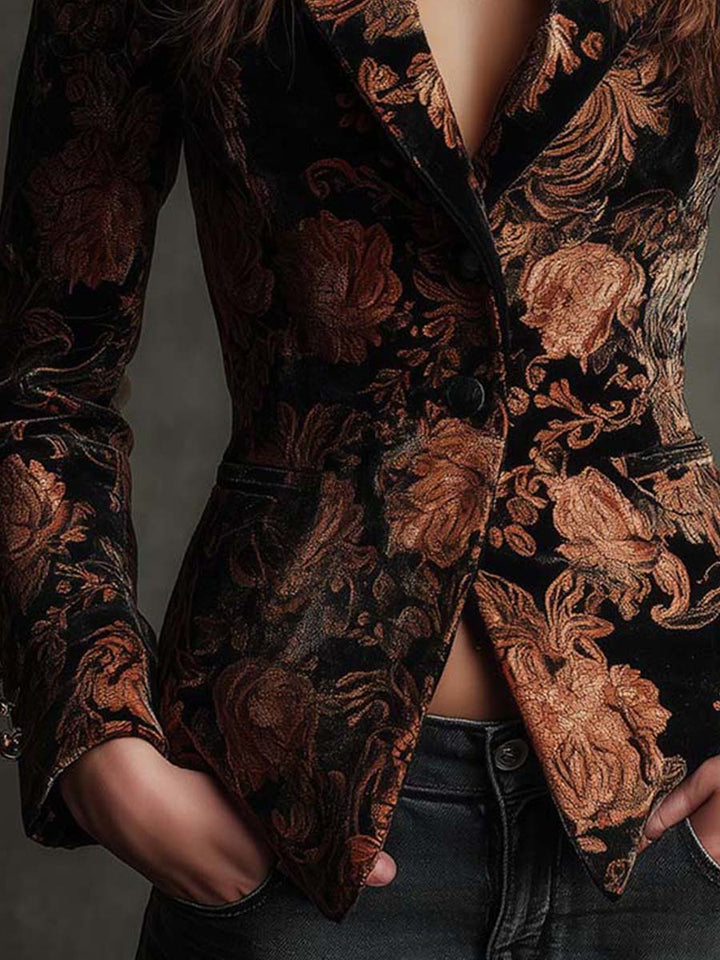 Bronze Bloom | Damen Schwarzer und Bronze Floral Blazer