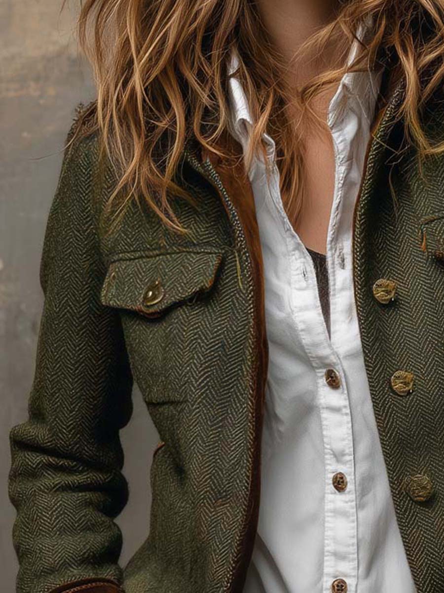 Vintage Fischgrät | Damen Blazer mit Kontrastbesatz