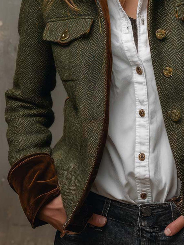 Vintage Fischgrät | Damen Blazer mit Kontrastbesatz
