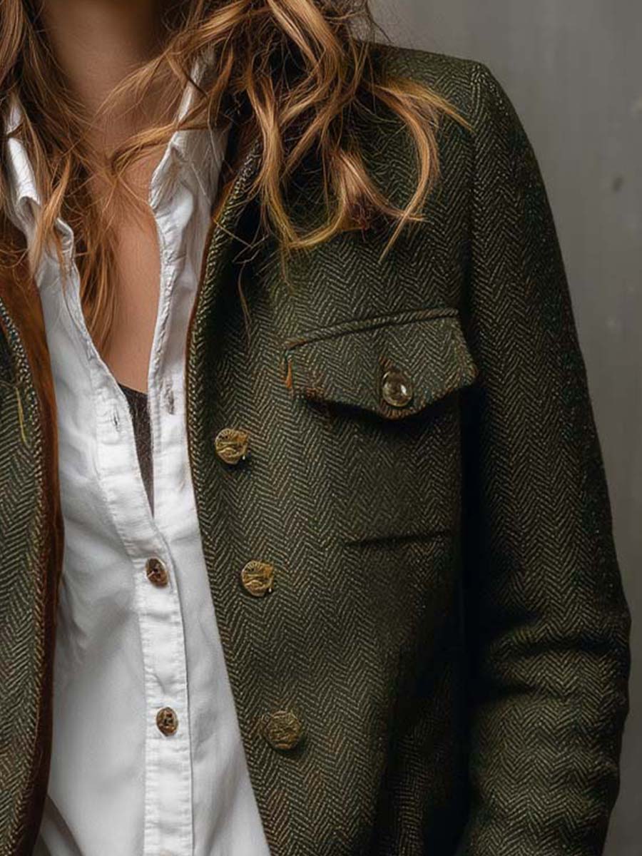 Vintage Fischgrät | Damen Blazer mit Kontrastbesatz