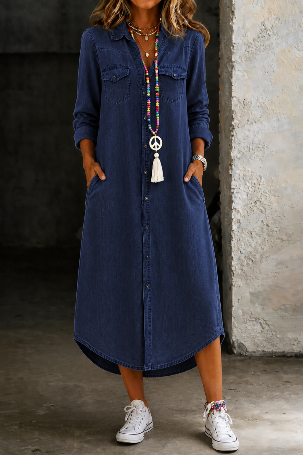 Helen | Lässiges elegantes langes Denim-Hemdkleid