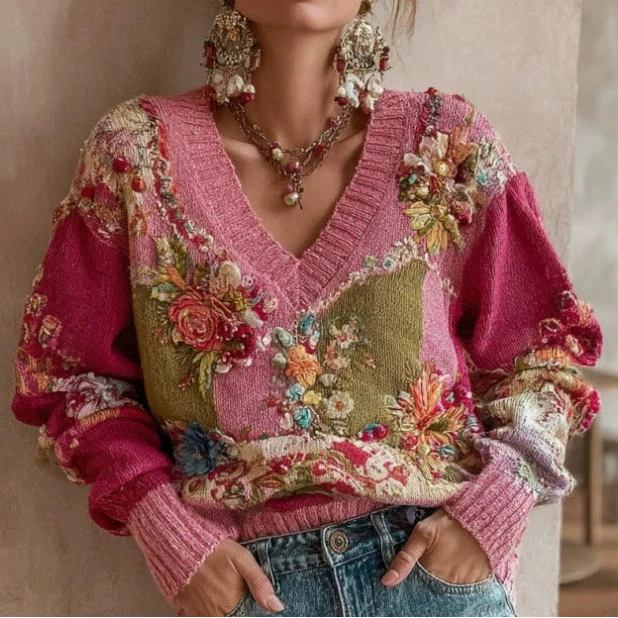 Lea | Boho Strick V-Ausschnitt Pullover