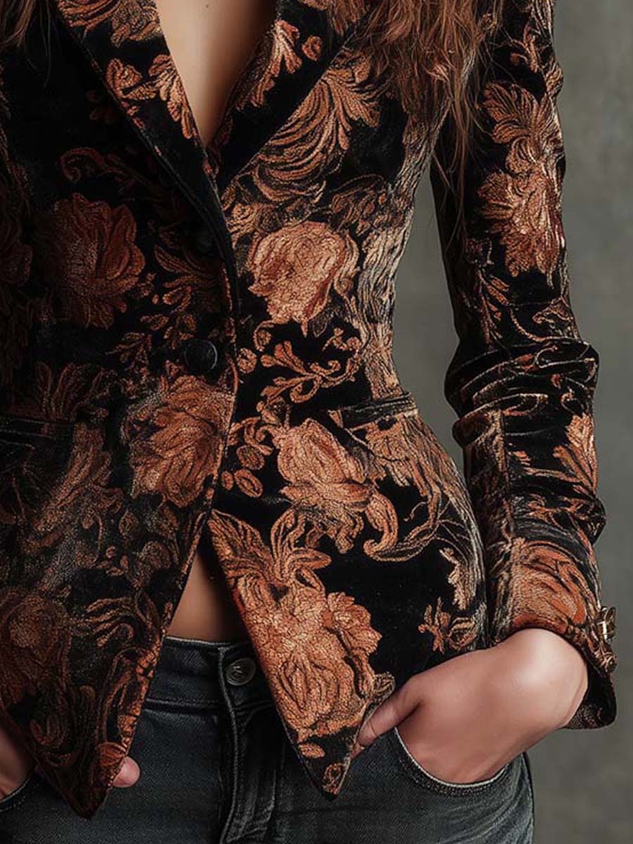 Bronze Bloom | Damen Schwarzer und Bronze Floral Blazer