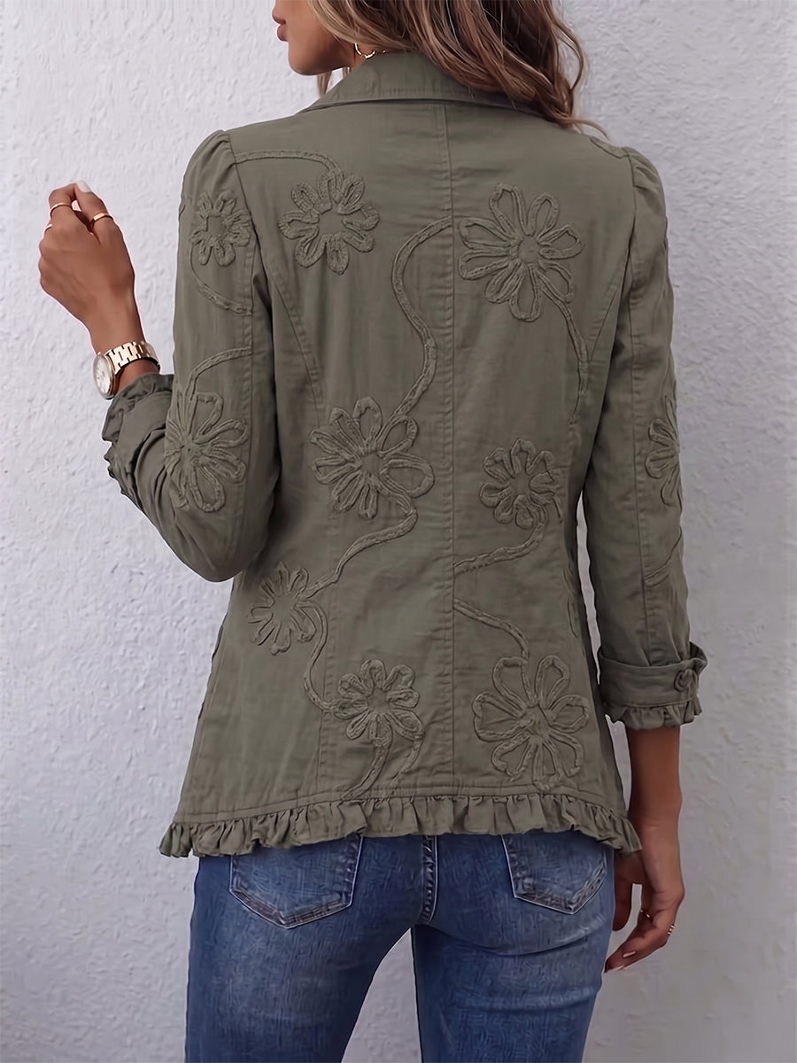 Kamberly | Boho-Chic Floral Bestickte Utility Jacke mit Rüschensaum