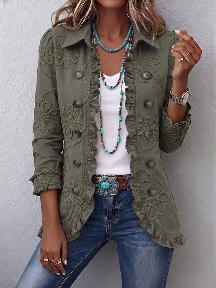 Kamberly | Boho-Chic Floral Bestickte Utility Jacke mit Rüschensaum