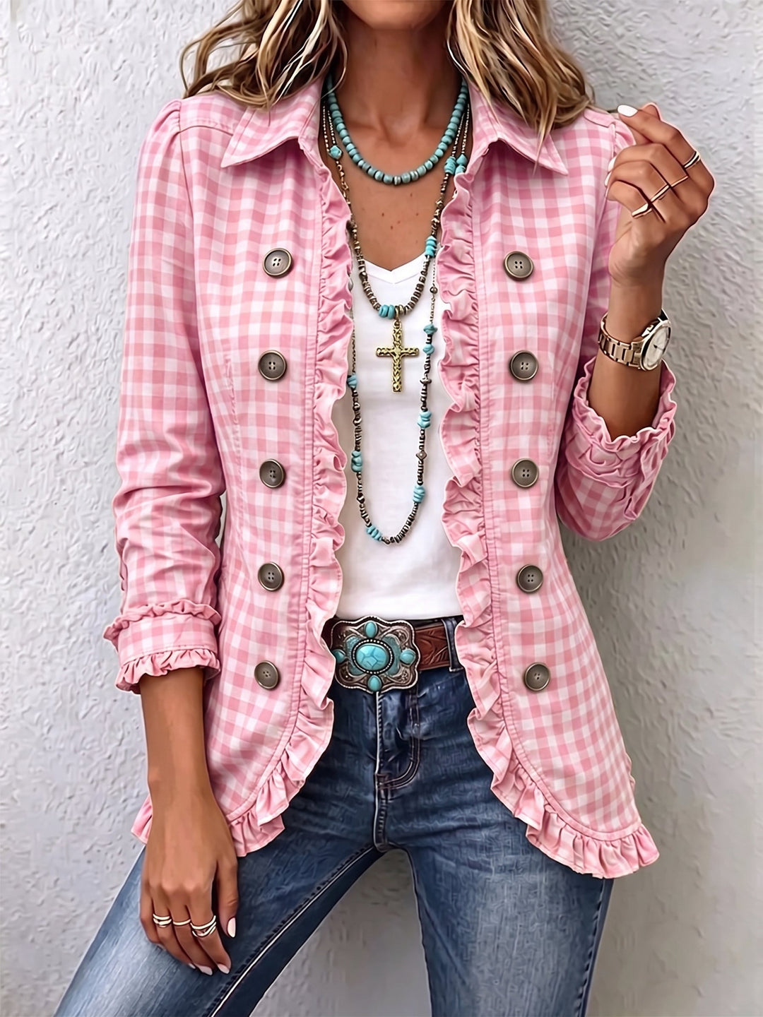 Charlene | Karierter Rüschenshirt-Jacke