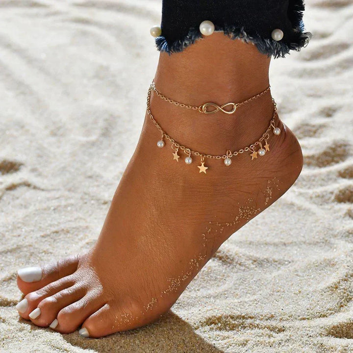 Infinity Fußkettchen Armband + Perlen und Sterne | Gold